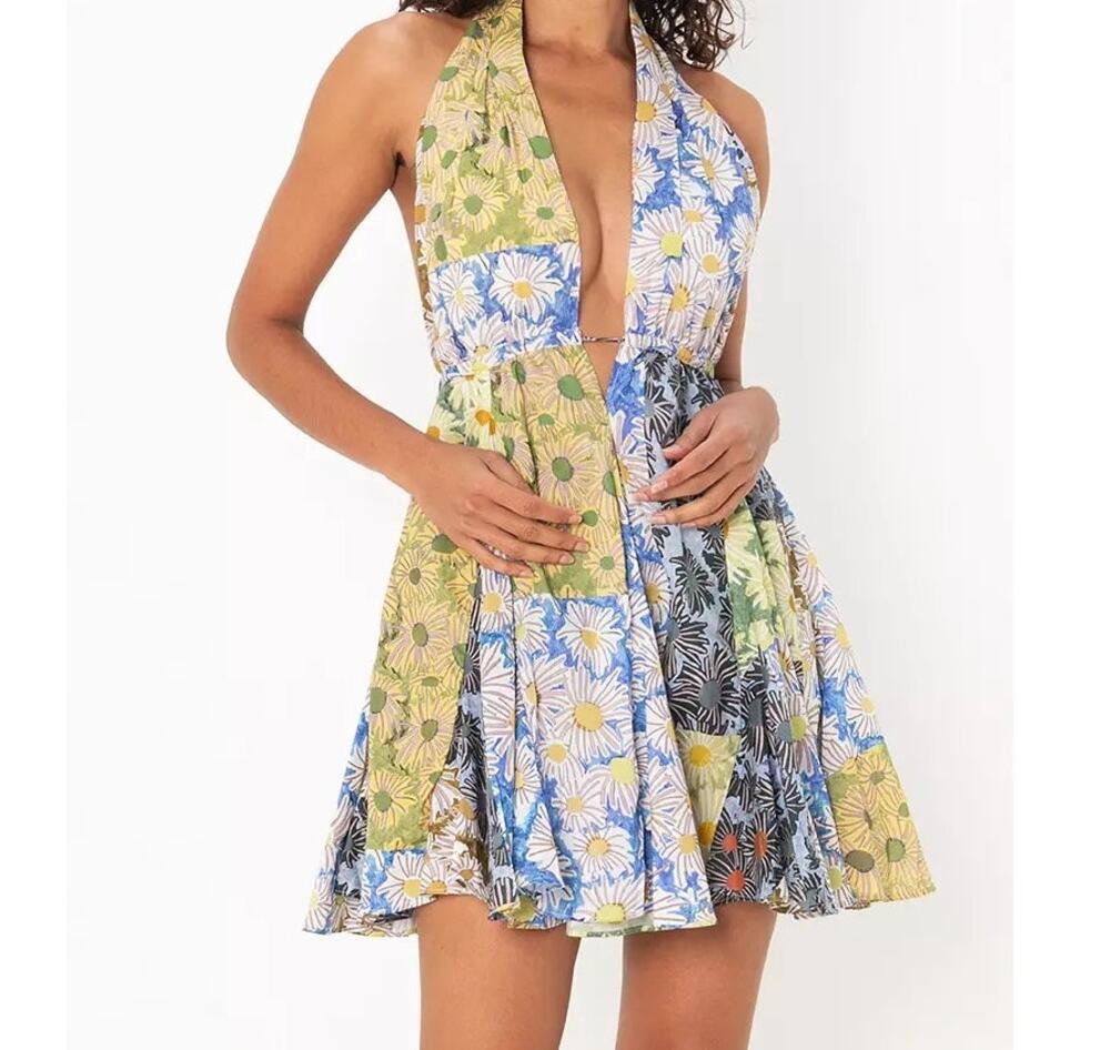 Zara Floral Halter Mini Dress XS Patchwork Daisy Open Back Cotton Fit & Flare